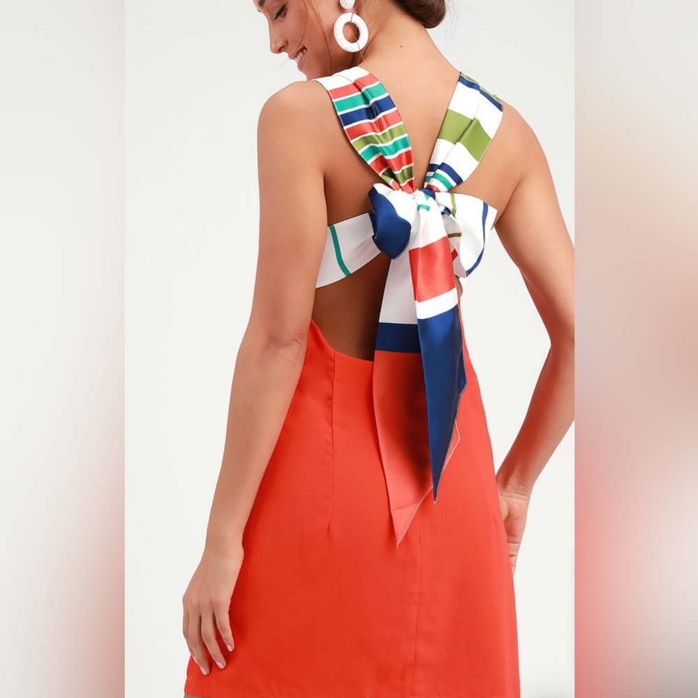 Lulu’s Joyful Red Orange Multi Stripe Tie-Back Mini Dress
